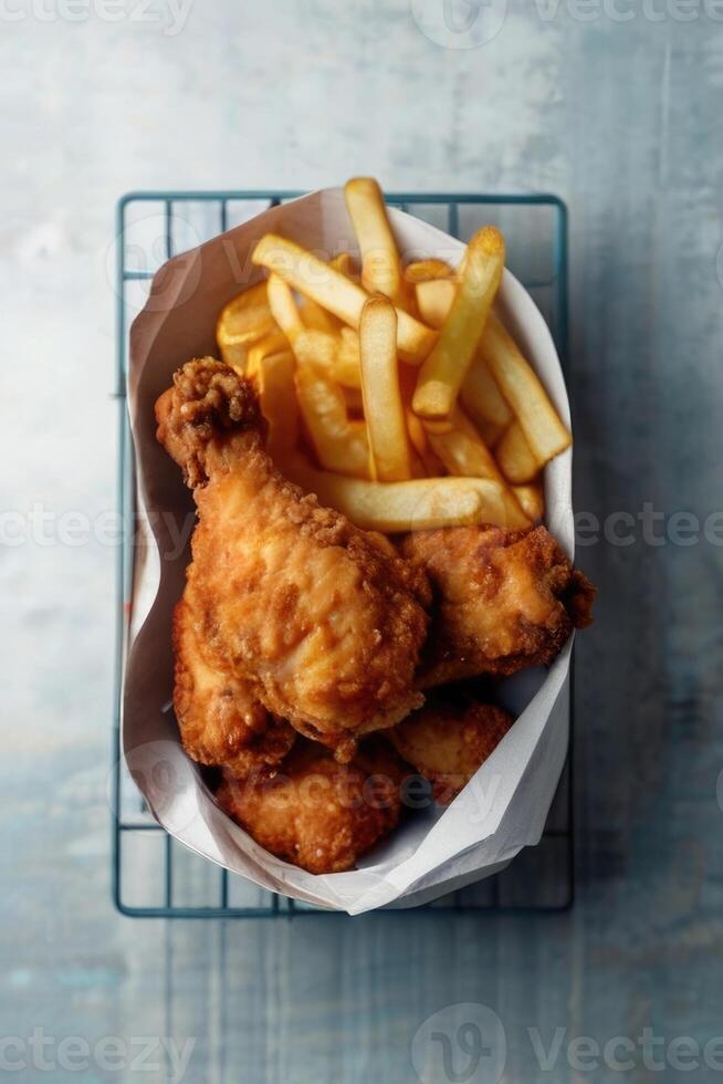 fried chicken and french fries on a plate photo