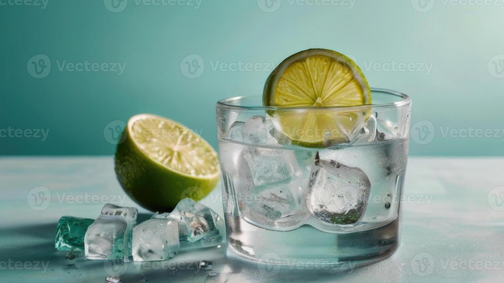 a glass of ice water with lime slices photo