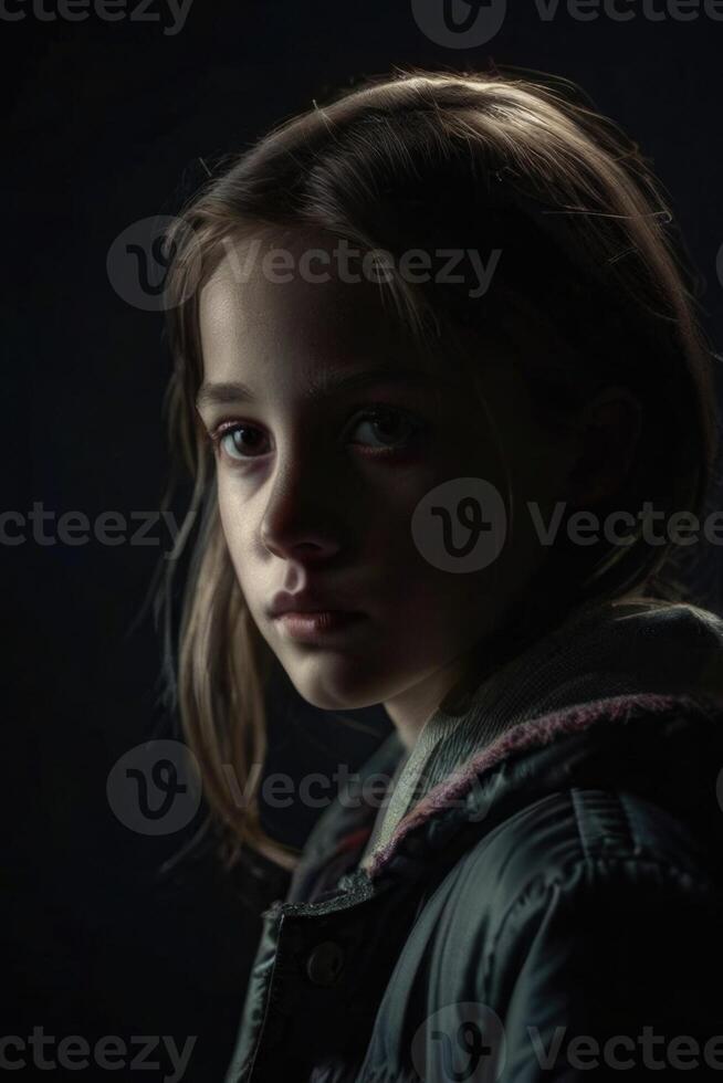 a young girl with dark hair and a black jacket photo