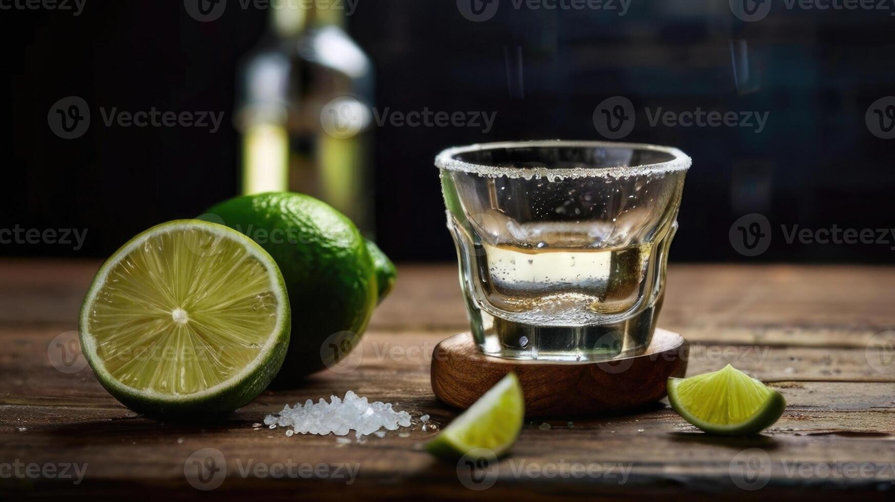 a shot glass with lime and a bottle of tequila photo