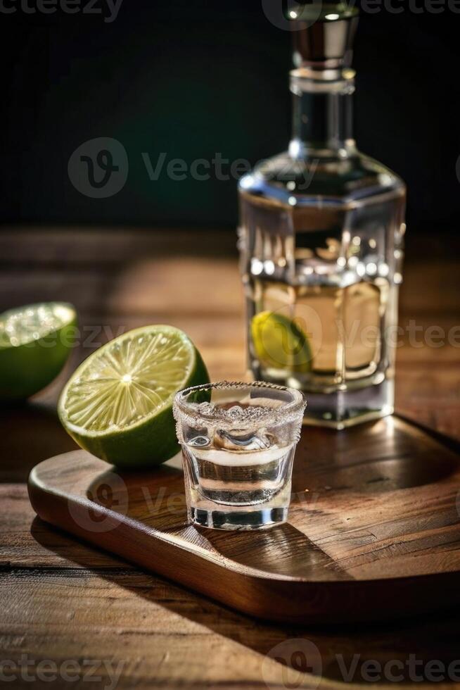 a shot glass with lime and a bottle of tequila photo