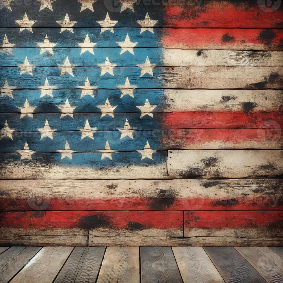 A wooden backdrop painted with a rustic American flag design photo