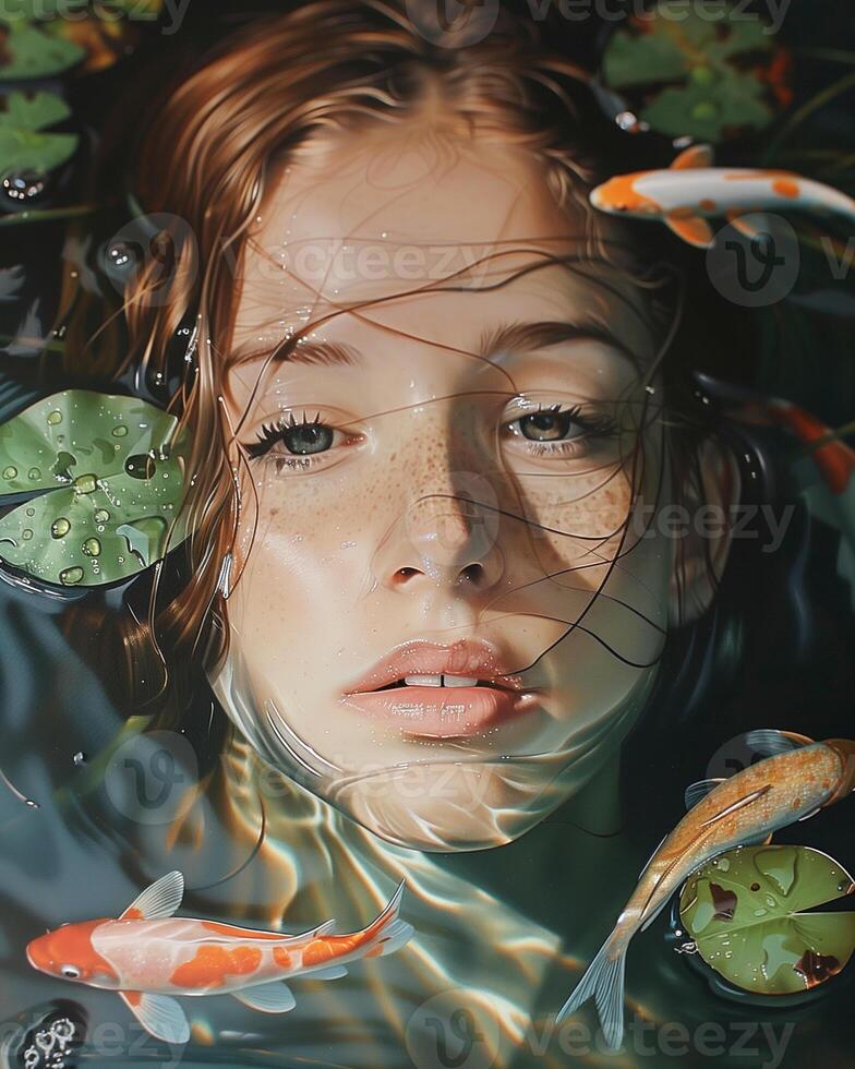 Upper body water nymph emerging from the water with fish photo