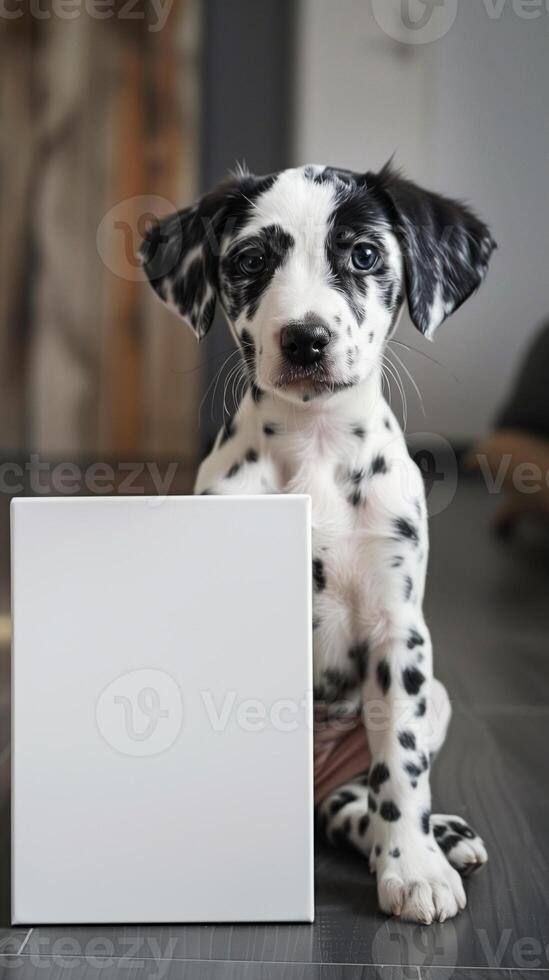 Cute puppy Dalmatian sitting next to a plain white canvas photo