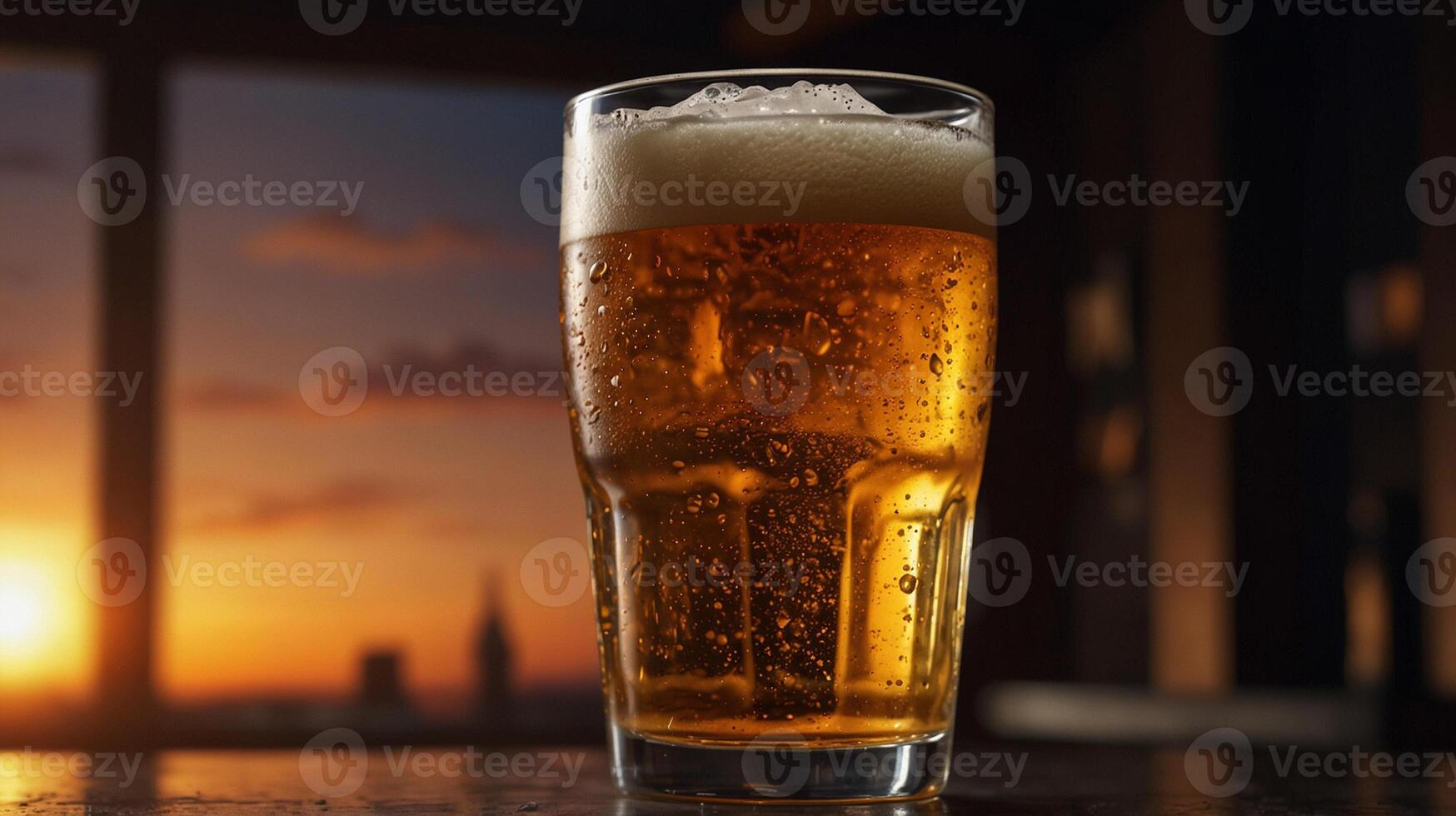 Cold beer with foam in a glass on the table in a restaurant at night photo