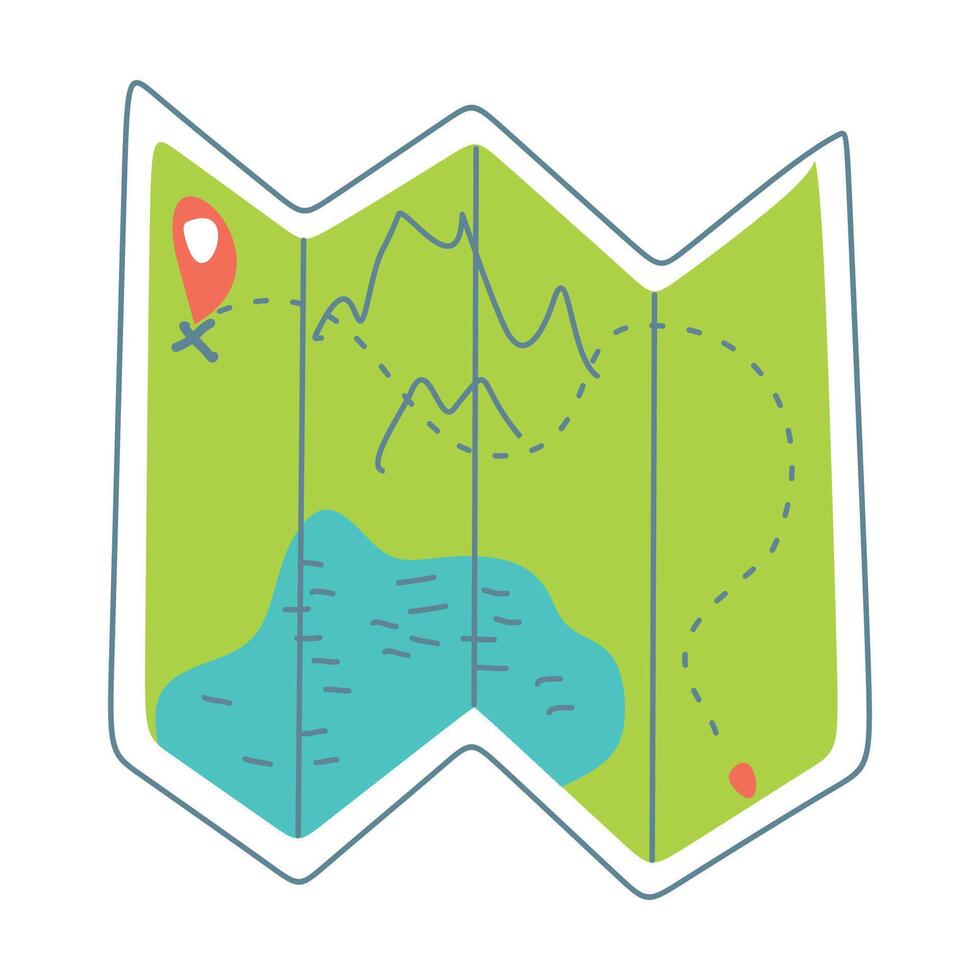 Cartoon Map Icon With GPS Pin. Illustration of Flat Travelling map icon printed on Folded paper with Navigation Line. Treasure Geographic Map isolated on White background. vector