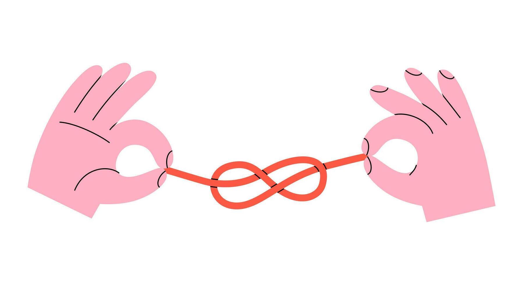 Hand drawn cute cartoon illustration two hands with red thread. Flat rope tied in eight sea knot doodle style. Connection or family ties icon. Love romantic couple print. Forever bond. Isolated vector