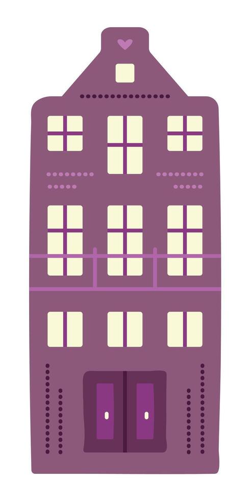 Single purple canal house in Amsterdam style, dutch architecture. Cute color Netherland building, preppy doodle, illustration vector