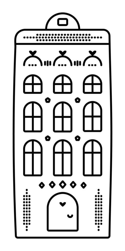 Black line canal house in Amsterdam style, dutch architecture. Cute single monochrome Netherlands building, preppy doodle, illustration vector