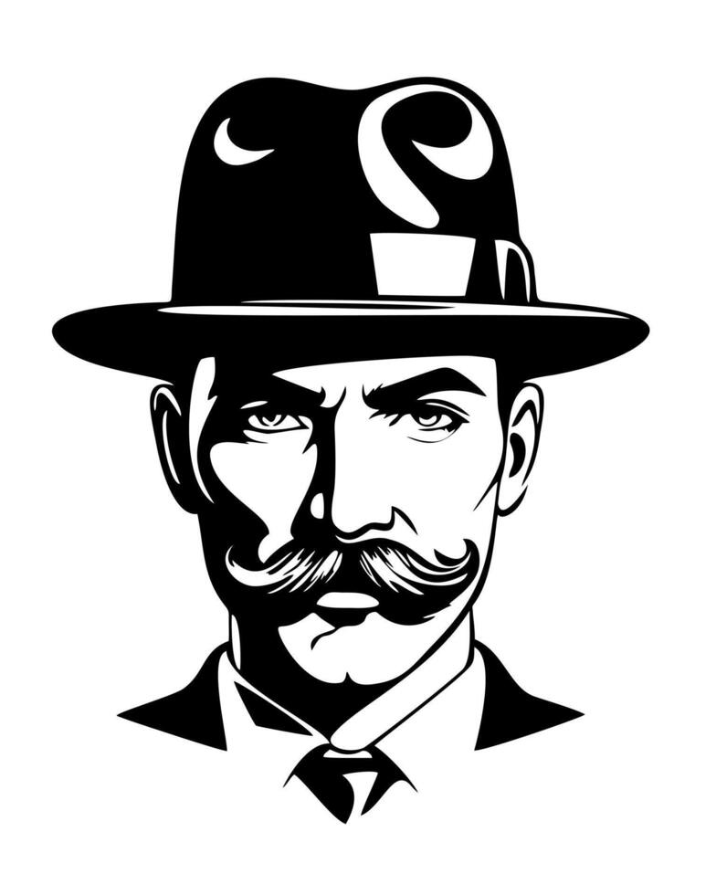 Elegant man with mustaches in fedora hat. Black and white isolated illustration. Vintage style. Barbershop logo. vector