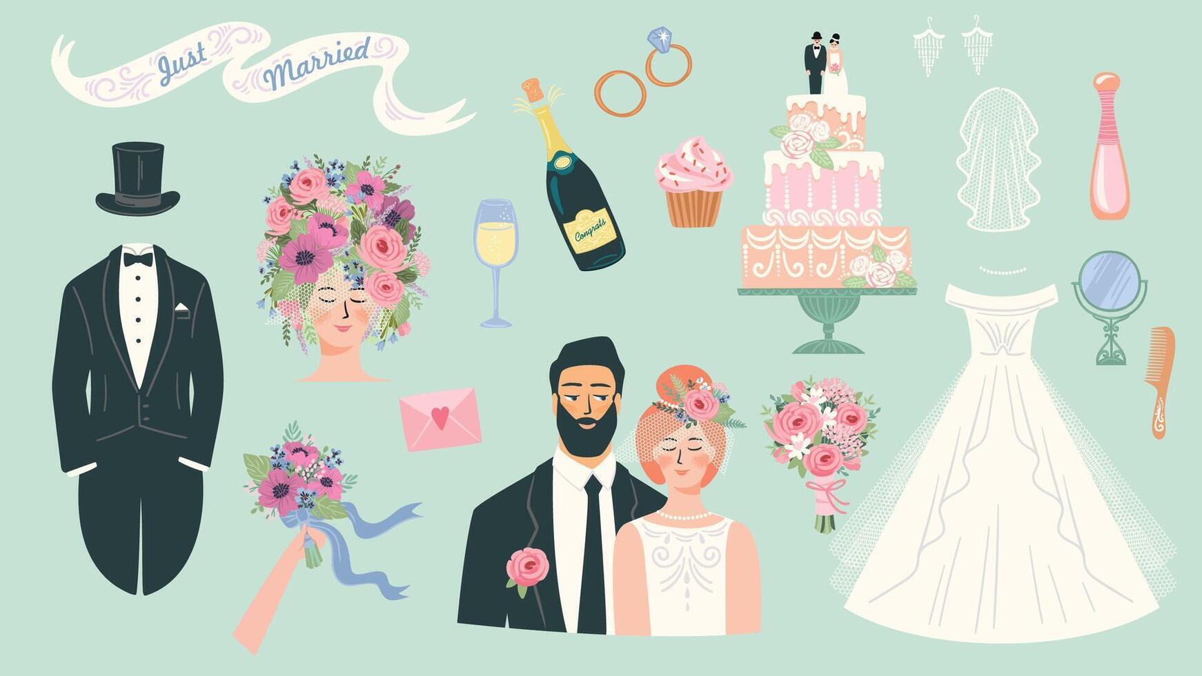 Set of isolated illustrations for wedding celebration and other uses vector