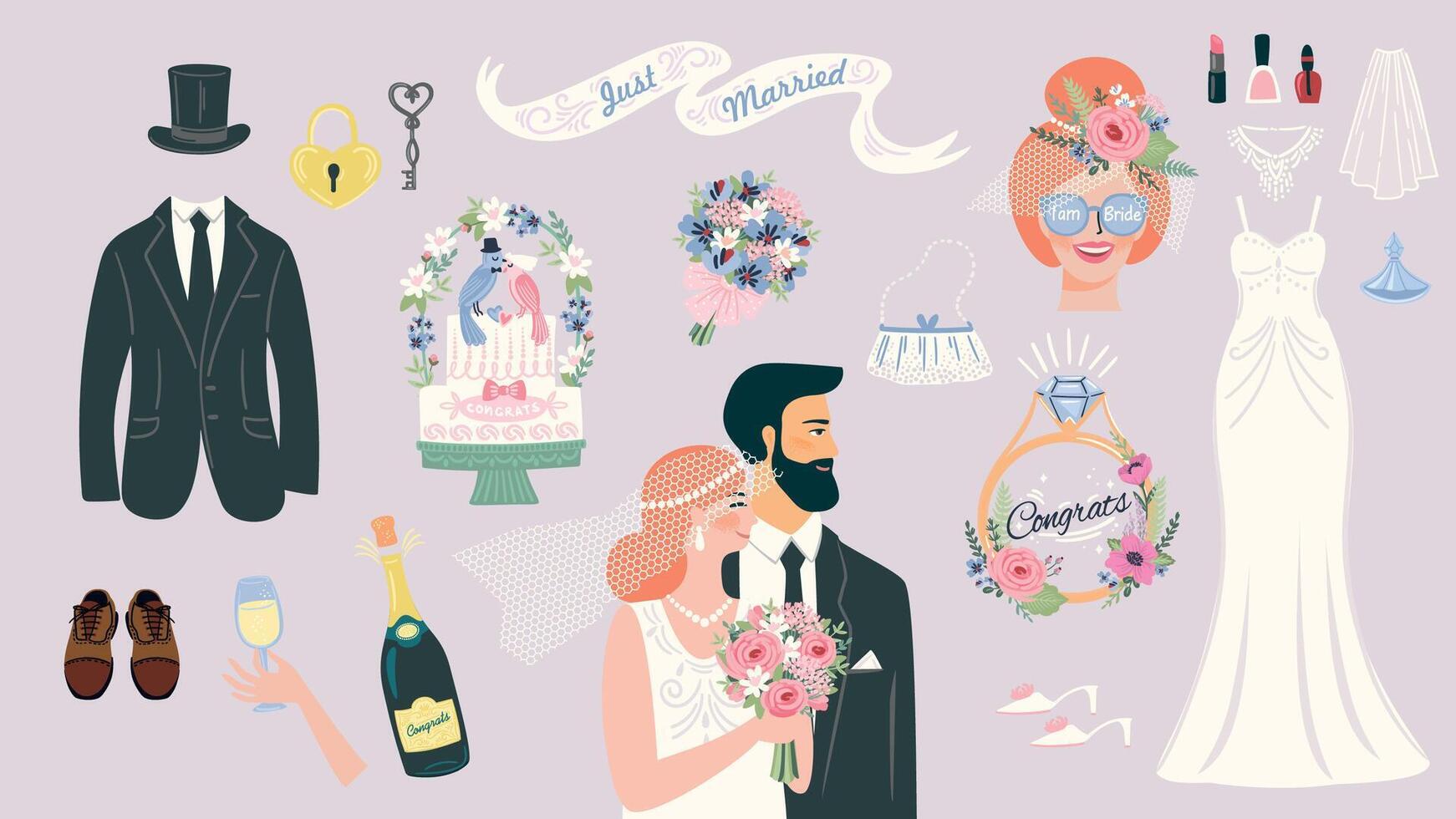 Set of isolated illustrations for wedding celebration and other uses vector