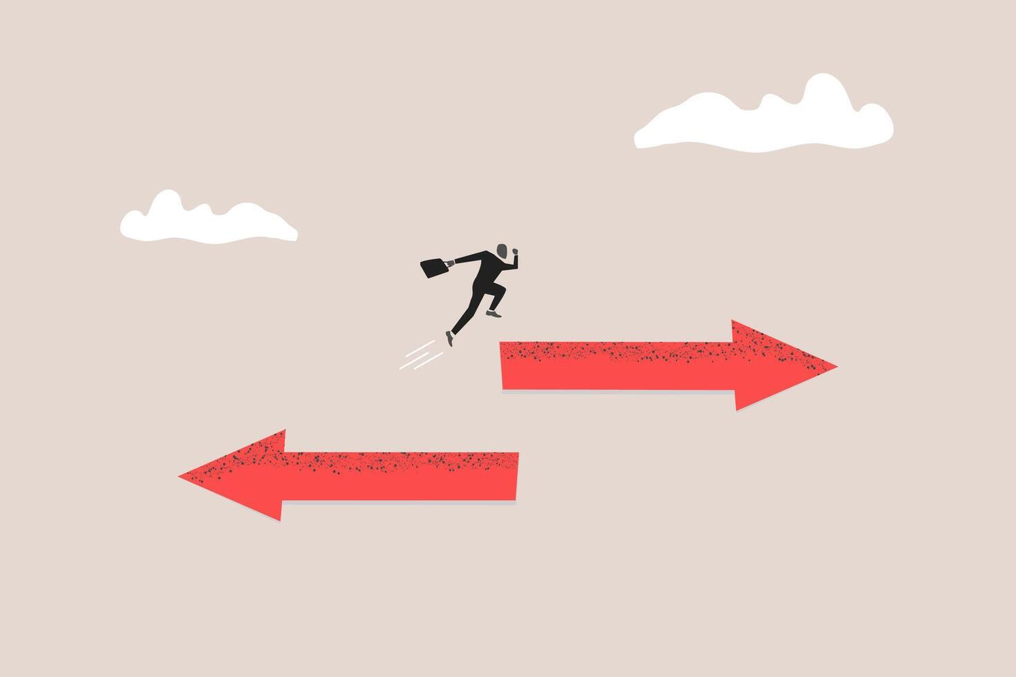 Businessman jump arrow sign to other direction. concept of Change career, different path or direction, find new way and opportunity vector