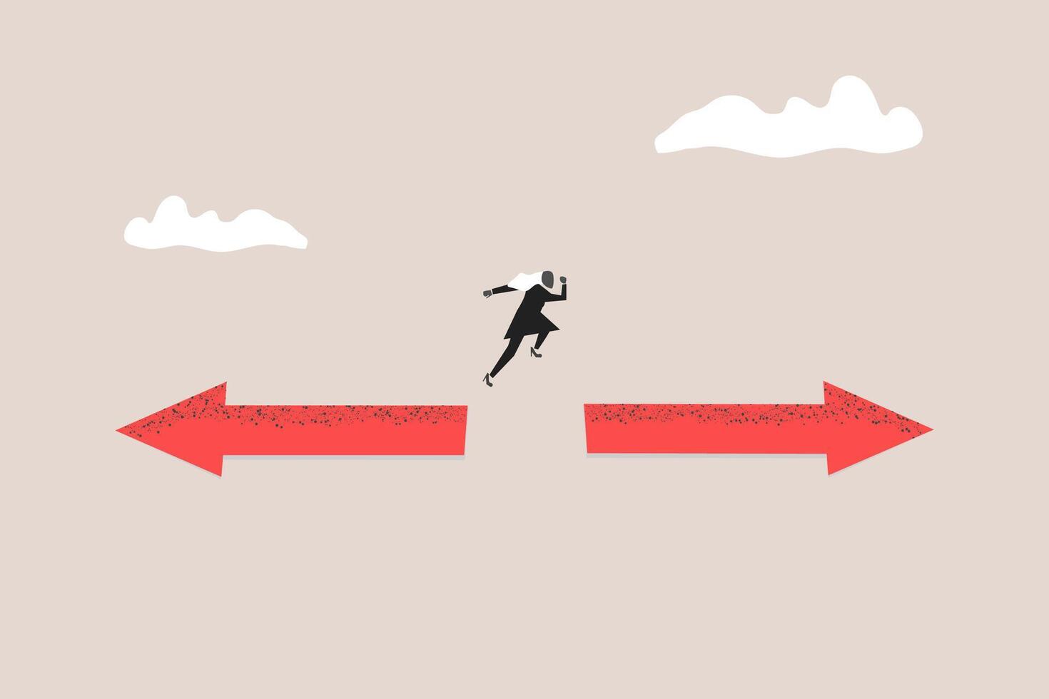 Business woman jump arrow sign to other direction. concept of Change career, different path or direction, find new way and opportunity vector