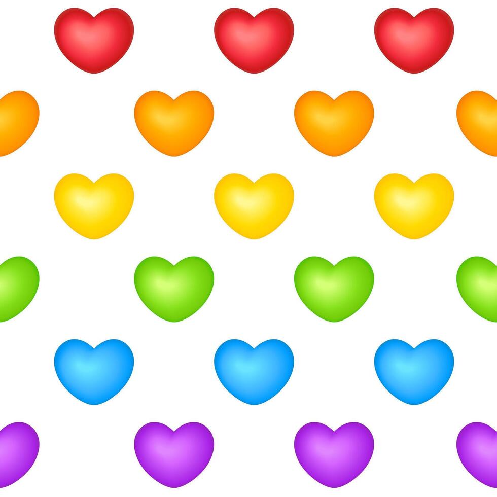 Seamless pattern of hearts in LGBT colors of rainbow on white background vector