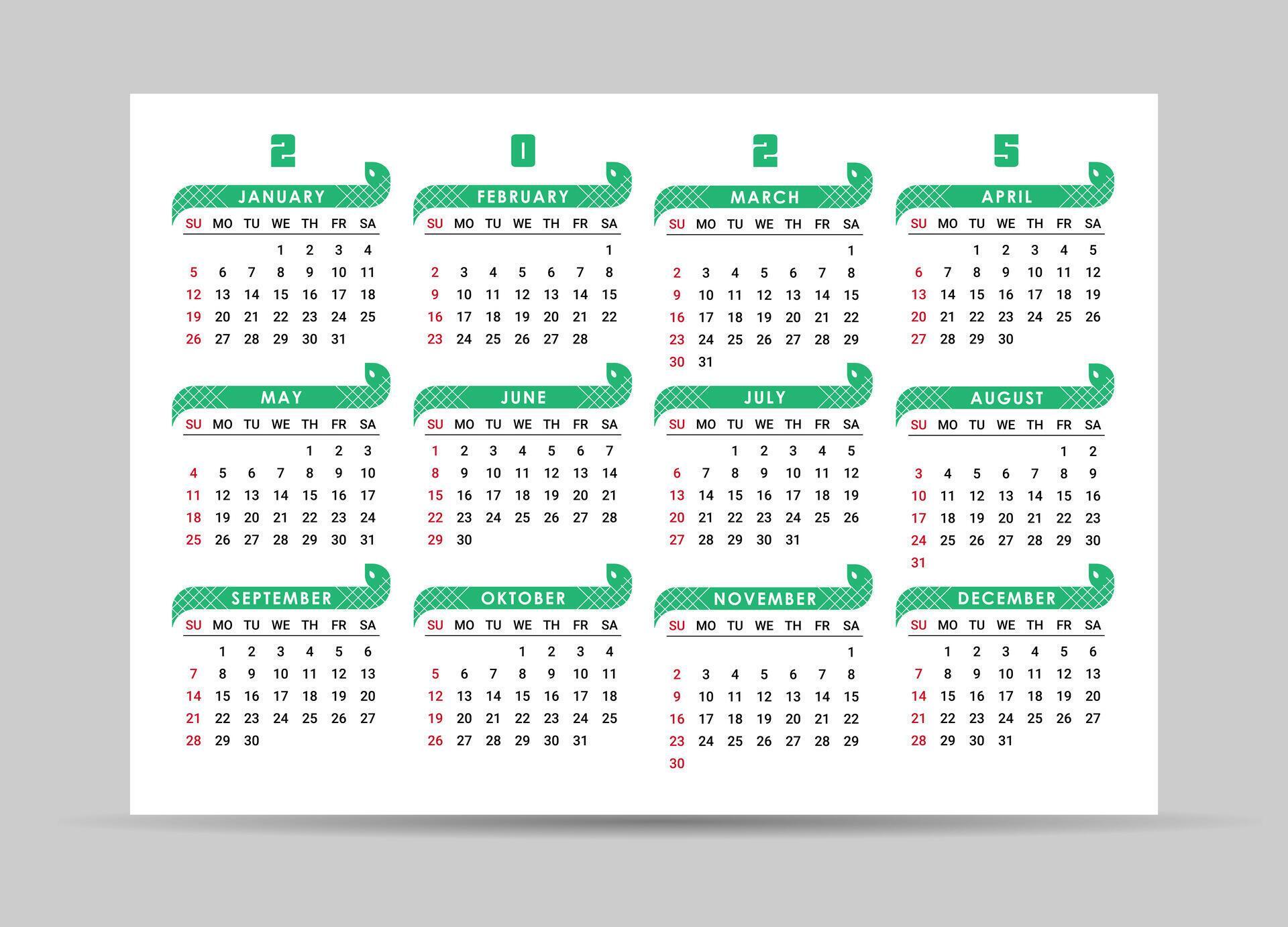 2025 year calendar with abstract green snake. Week starts on Sunday