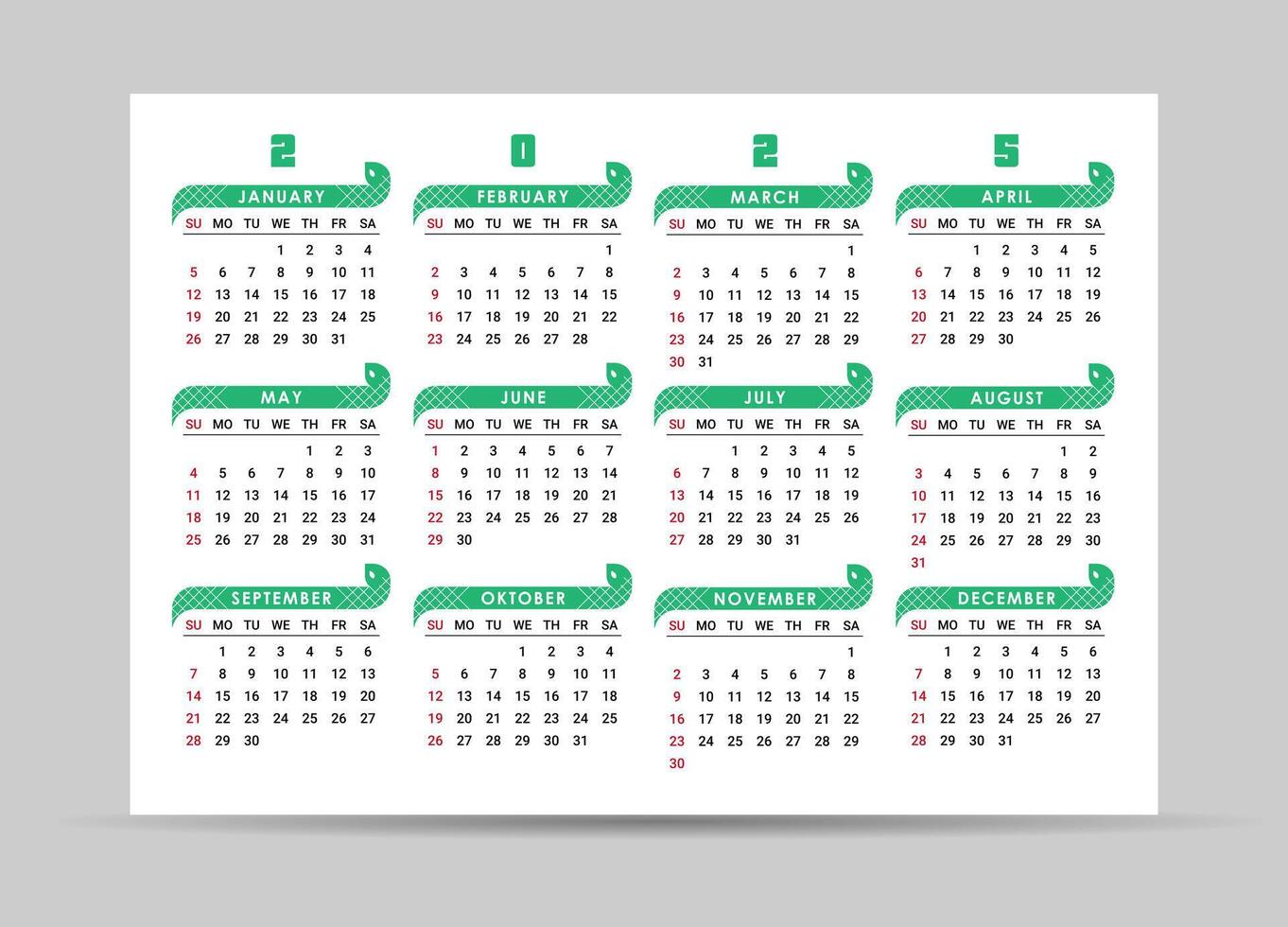 2025 year calendar with abstract green snake. Week starts on Sunday. Pocket or wall calendars layouts. Yearly organizer. illustration vector