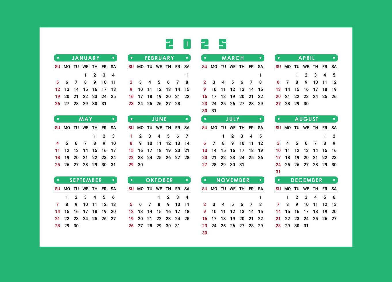 2025 year calendar. Week starts on Sunday. Pocket or wall calendars layouts. Yearly organizer. illustration vector