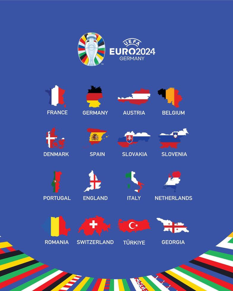 Euro 2024 Germany Round Of 16 Flags Map Teams Design With Official Symbol Logo Abstract Countries European Football Illustration vector