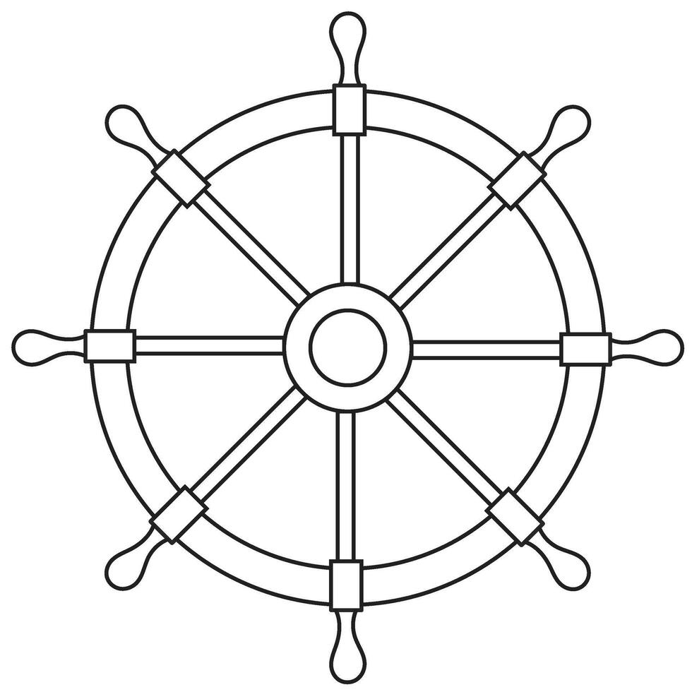 Steering wheel linear illustration. Drawing of Helm from pirate ship painted by black inks on isolated background. Sketch of wooden element for sailing in nautical design. Outline icon vector