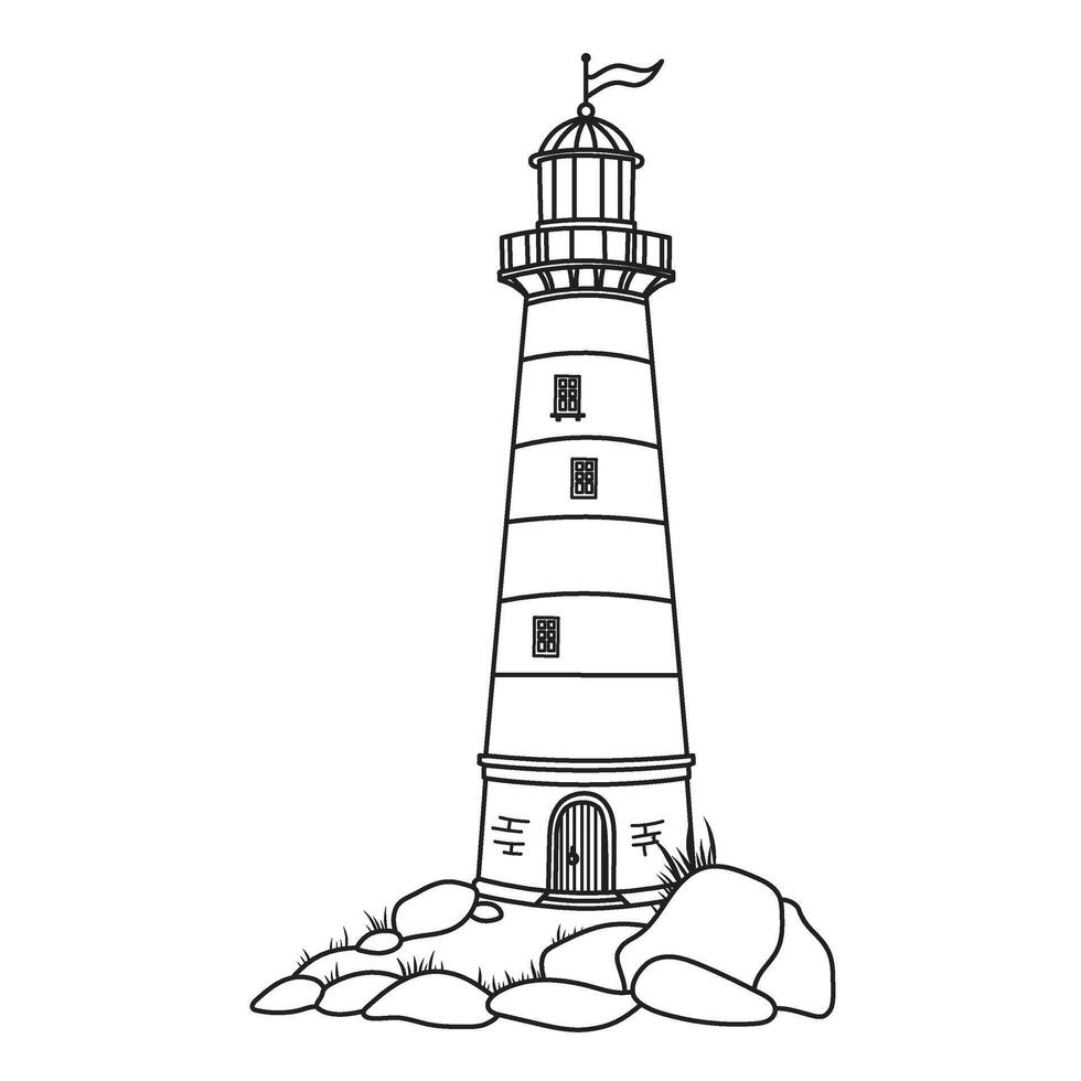 Lighthouse on a rock. Linear Illustration of Beacon. Outline Drawing of Light house for Baby shower design in nautical style and childish coloring books. Marine landscape for kids poster vector