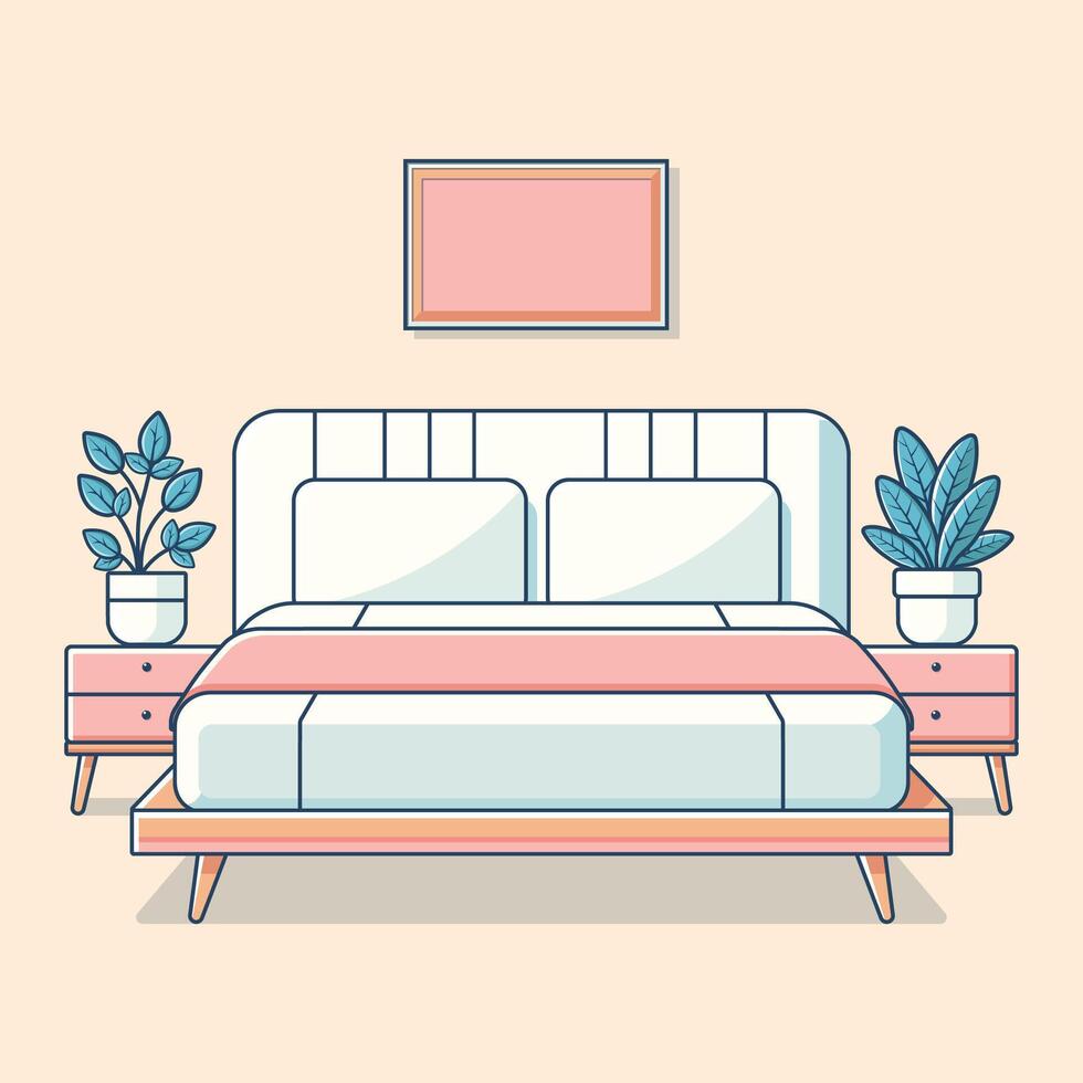 Flat illustration of minimal bedroom interior with bed and side tables vector