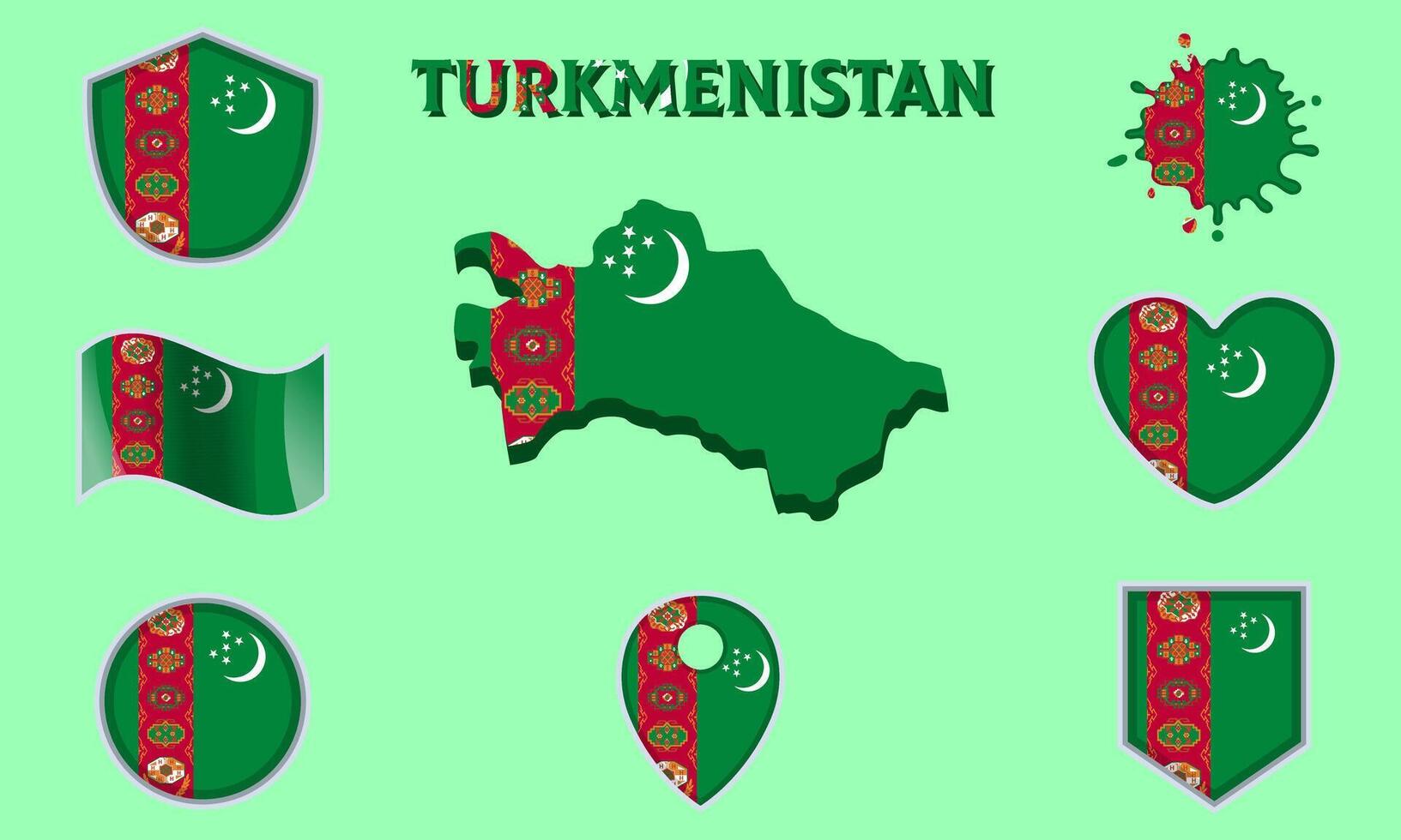 Collection of flat national flags of Turkmenistan with map vector