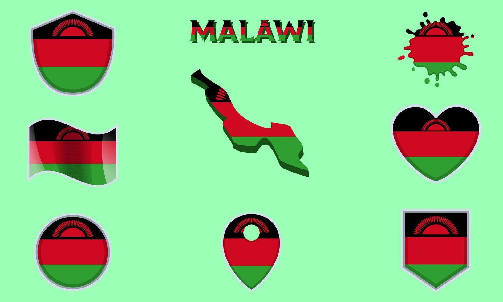 Collection of flat national flags of Malawi with map vector