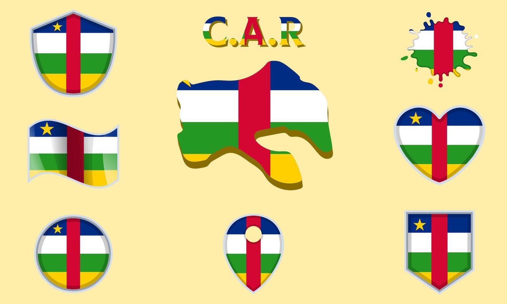 Collection of flat national flags of C.A.R with map vector