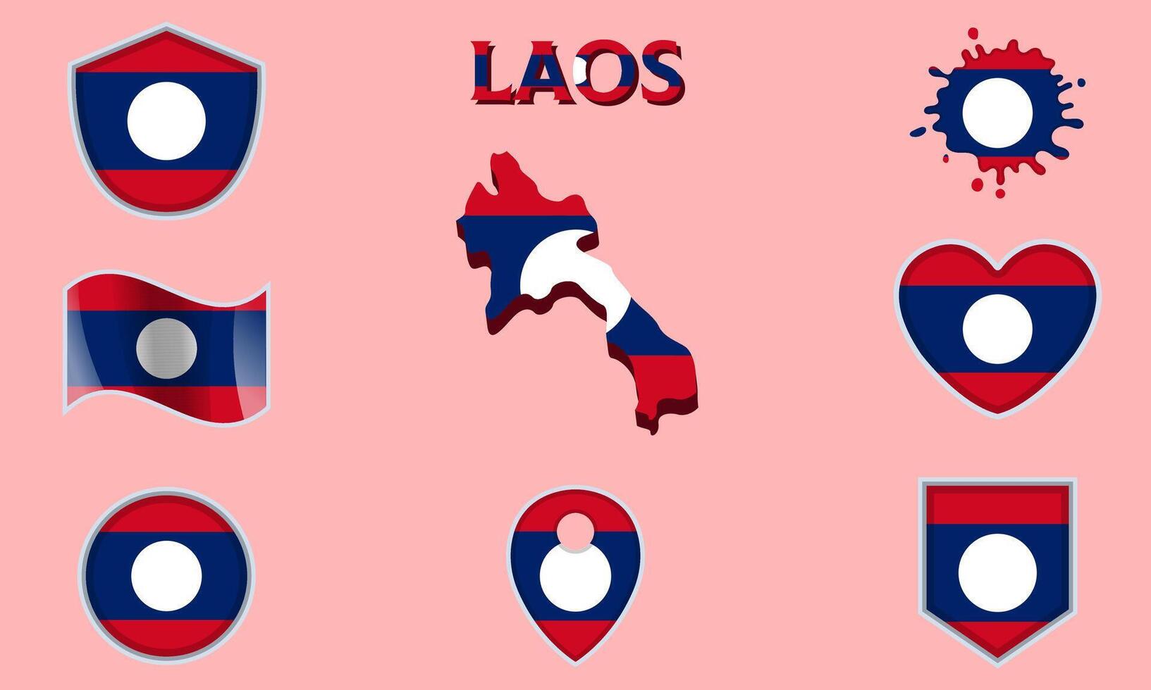 Collection of flat national flags of Laos with map vector