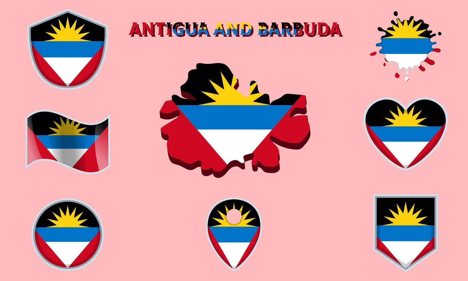 Collection of flat national flags of Antigua and Barbuda with map vector