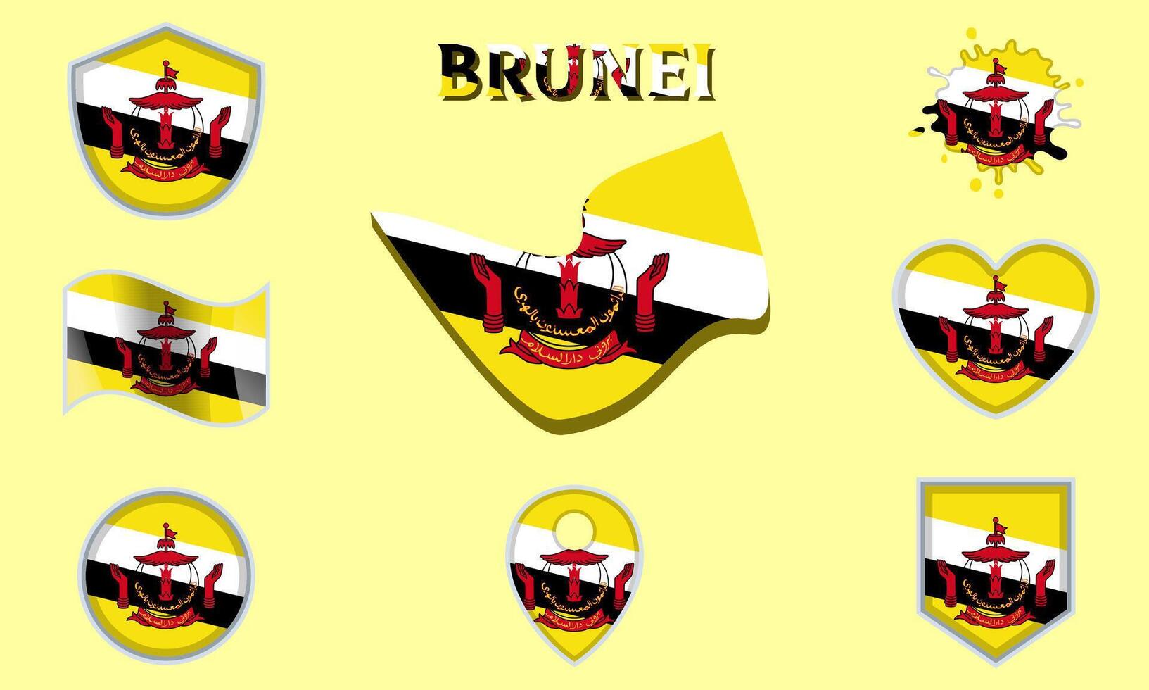 Collection of flat national flags of Brunei with map. vector