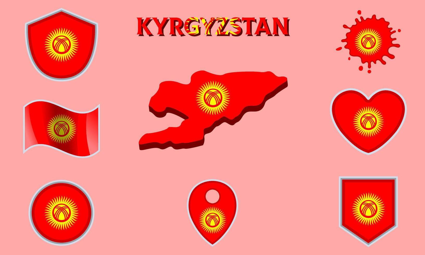 Collection of flat national flags of Kyrgyzstan with map vector