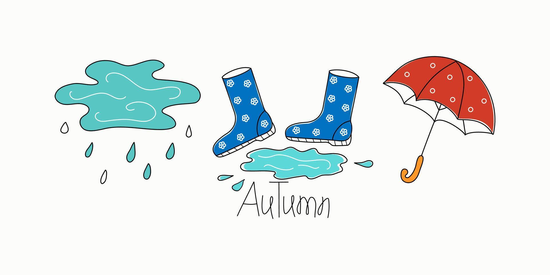 Rain, puddle, rubber boots and umbrella. Autumn set, drawings, doodles. Line icons. Isolated background. vector