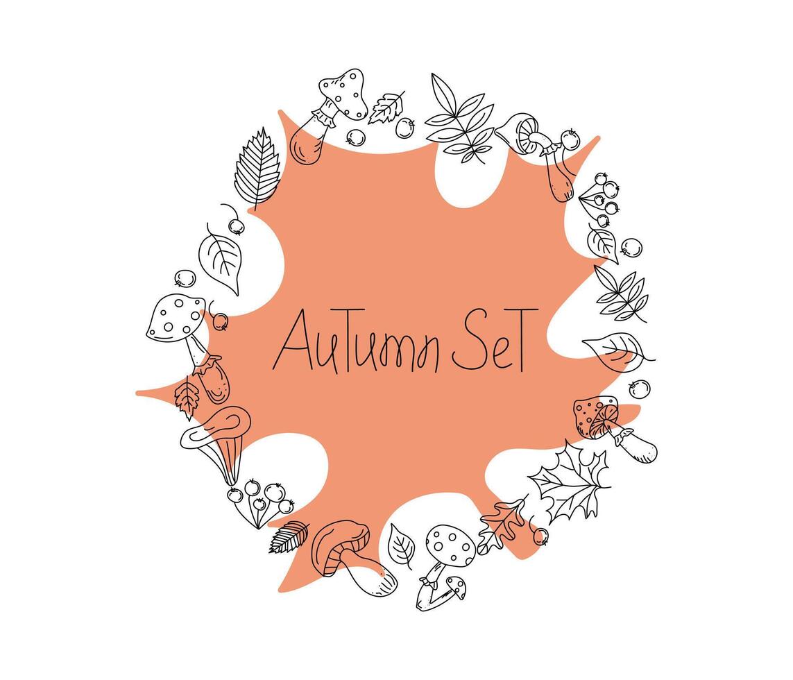 Mushrooms, autumn leaf round frame, border, floral ornament. Hand lettering. Drawing of doodles of mushrooms, berries, leaves in black outline. Isolated background. vector