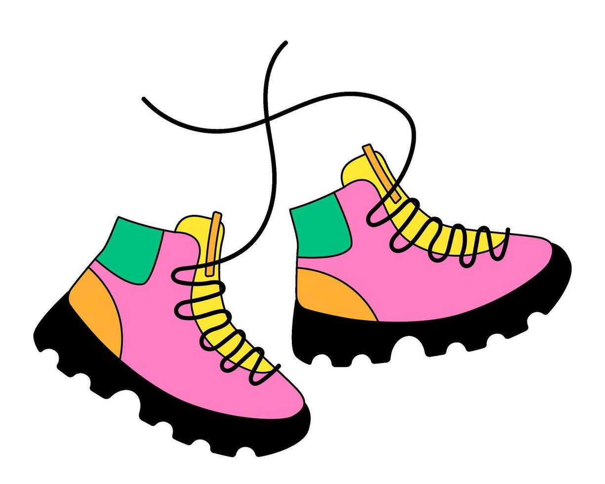 Retro Trekking Shoes. Multicolored sneakers with high soles. Bright Hiking Boots vector