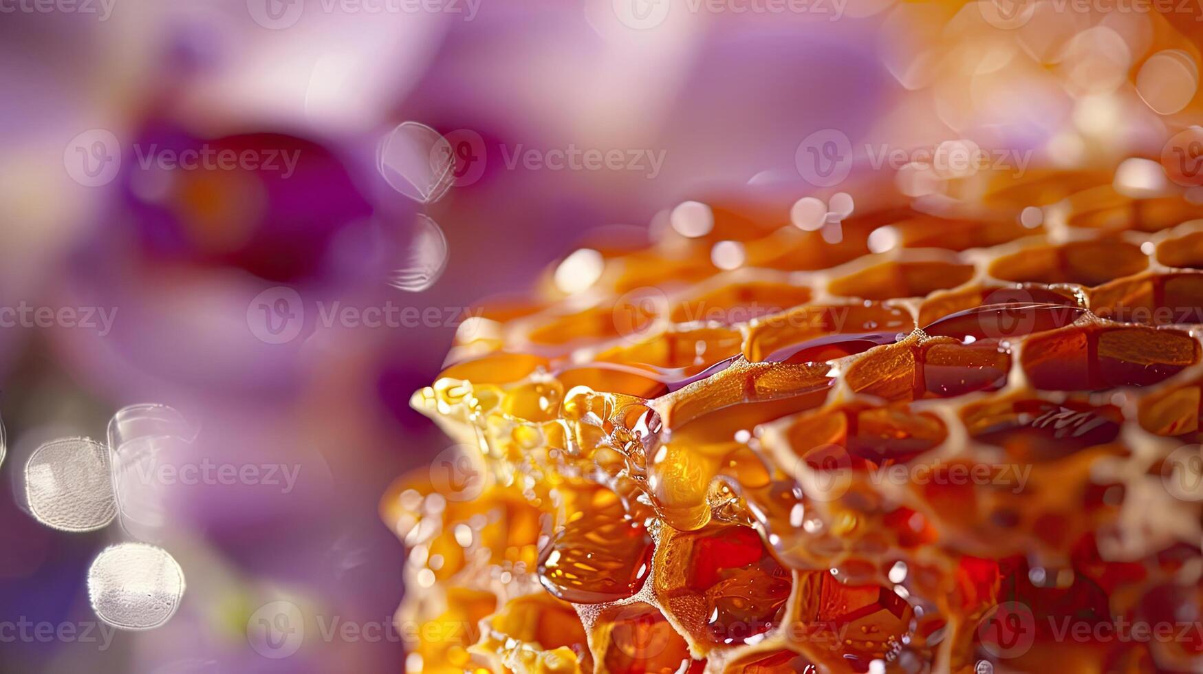 Close up, golden honey, honeycomb, blurred backdrop of honeycomb. Glare, delicacy, natural product, texture, bees, pollination, pollen, yellow, agriculture. Generative by AI. photo