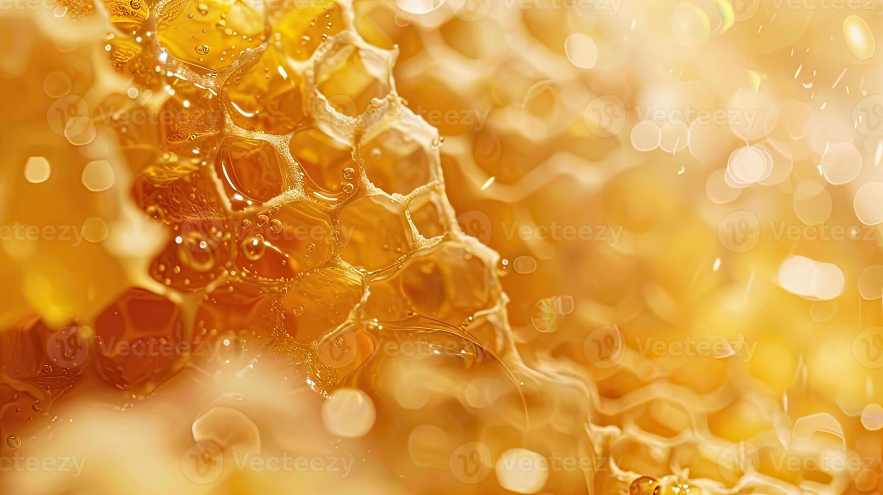 Close up, golden honey, honeycomb, blurred backdrop of honeycomb. Glare, delicacy, natural product, texture, bees, pollination, pollen, yellow, agriculture. Generative by AI. photo