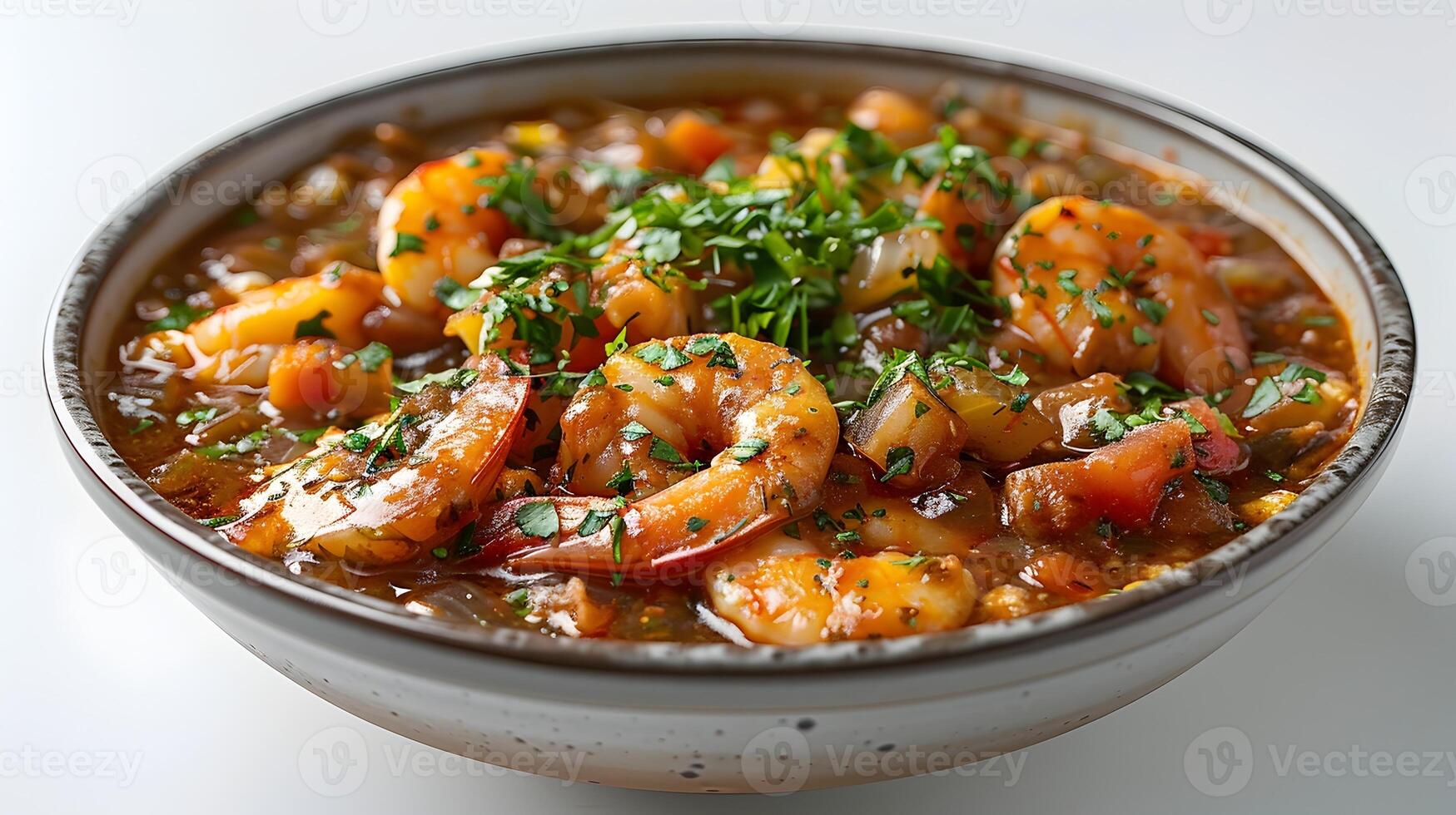 CloseUp Photography of a Delicious and Hearty Gumbo Isolated on White Background photo