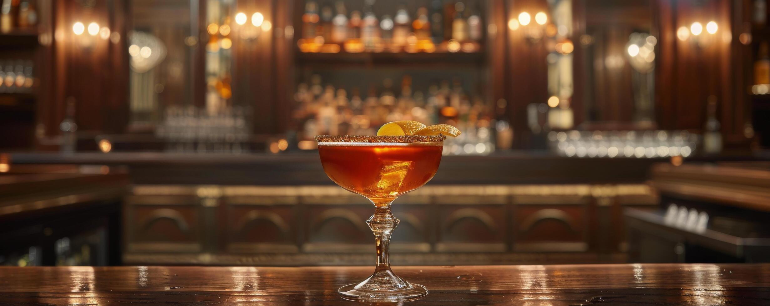 A Single Cocktail With Orange Twist on a Bar Countertop photo