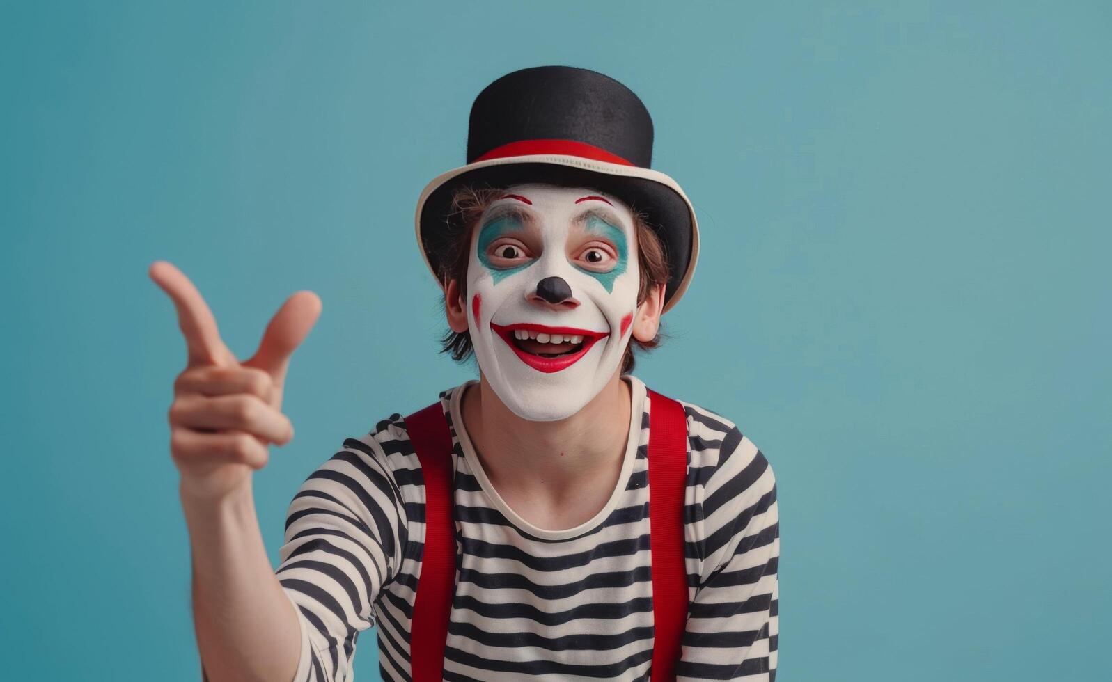 Smiling Clown In Striped Shirt And Hat Gesturing With Both Hands In Front Of Blue Background photo