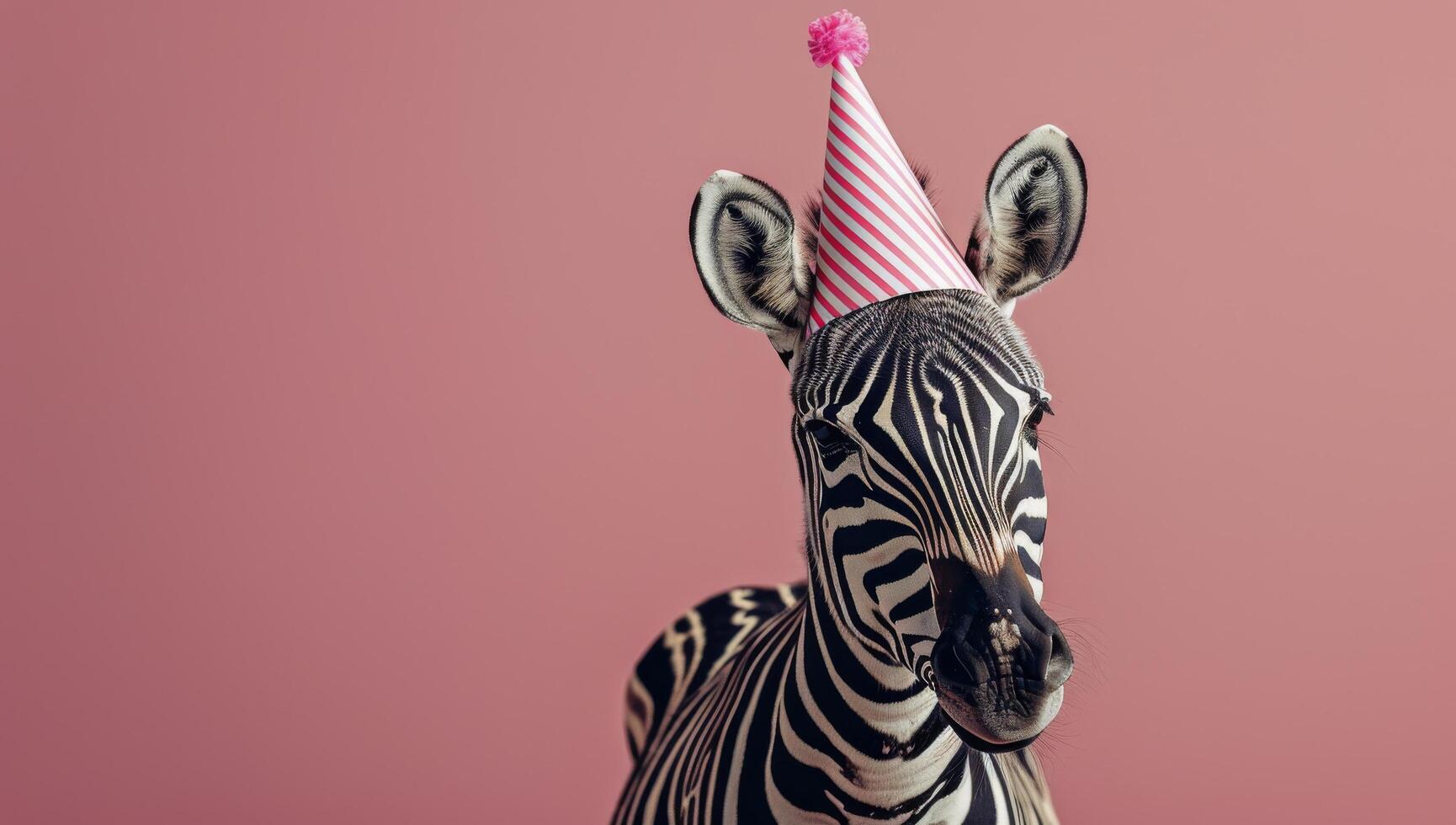 Zebra Wearing A Pink Party Hat In Front Of A Pink Background photo