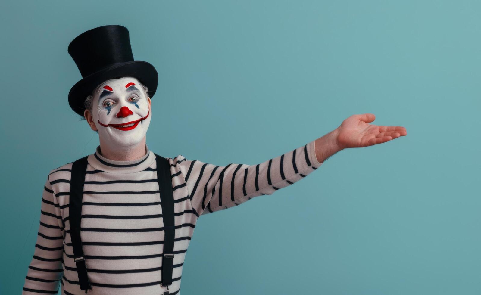 Smiling Mime In Top Hat With Outstretched Hand Against Blue Background photo