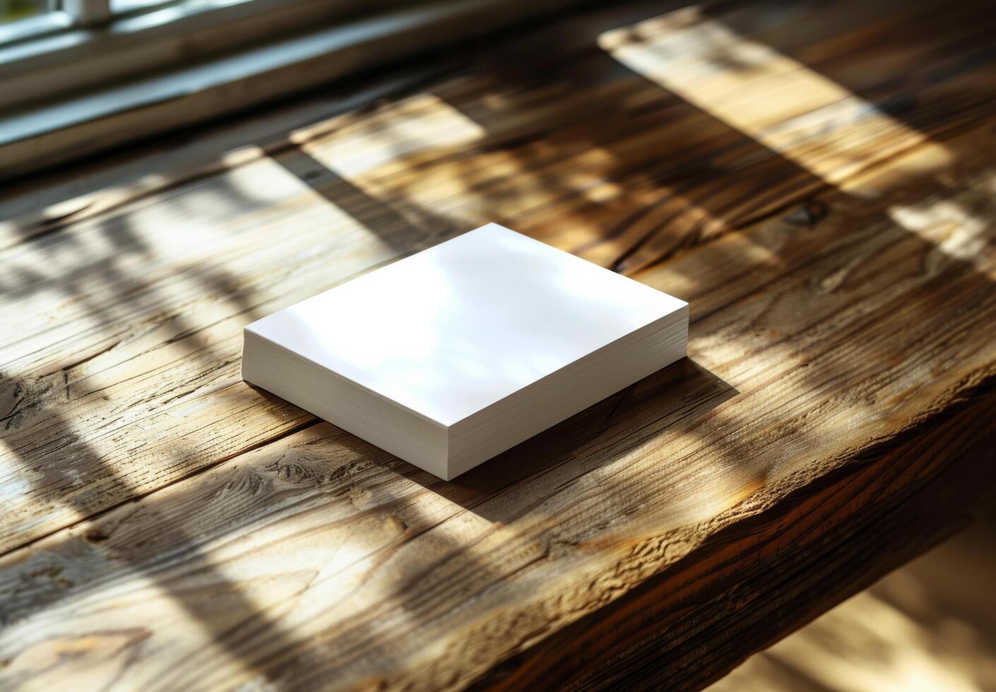 Blank White Paper Stack on Rustic Wooden Table in Sunlight photo