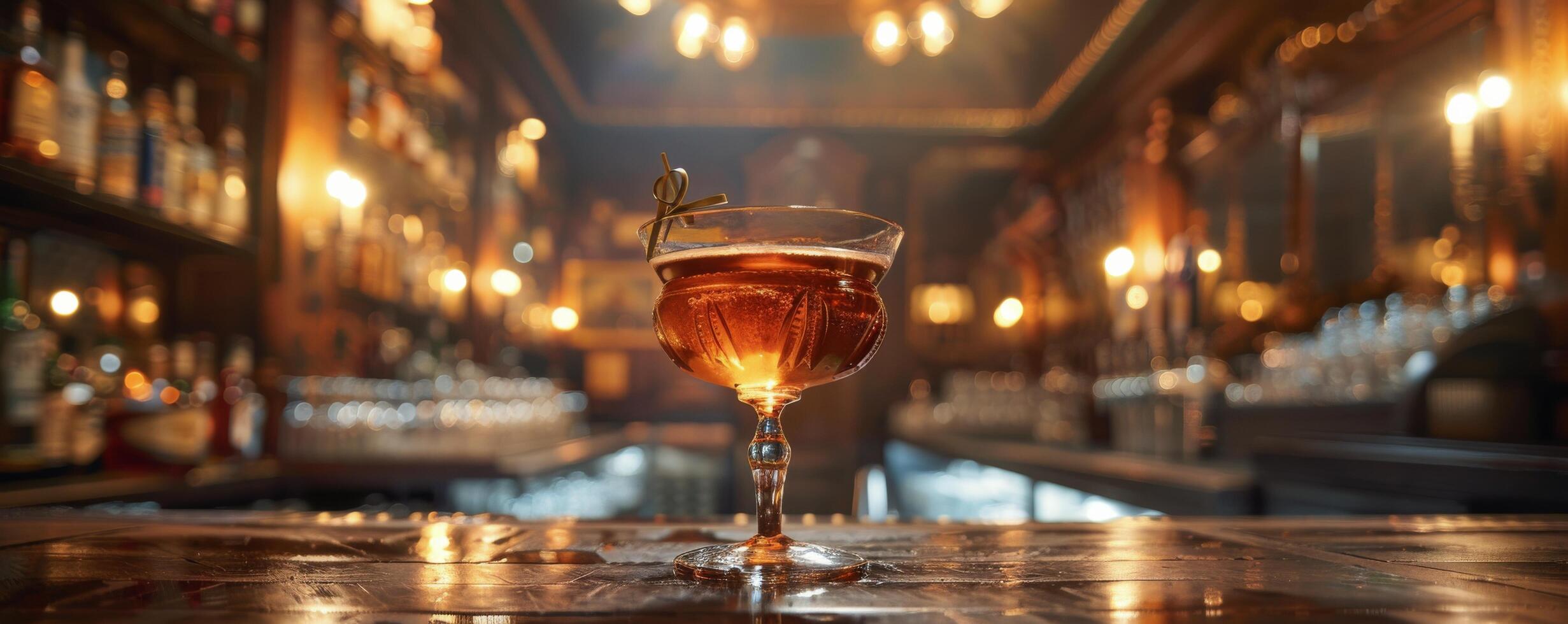A Single Cocktail on a Bar Counter in a Dimly Lit Bar photo