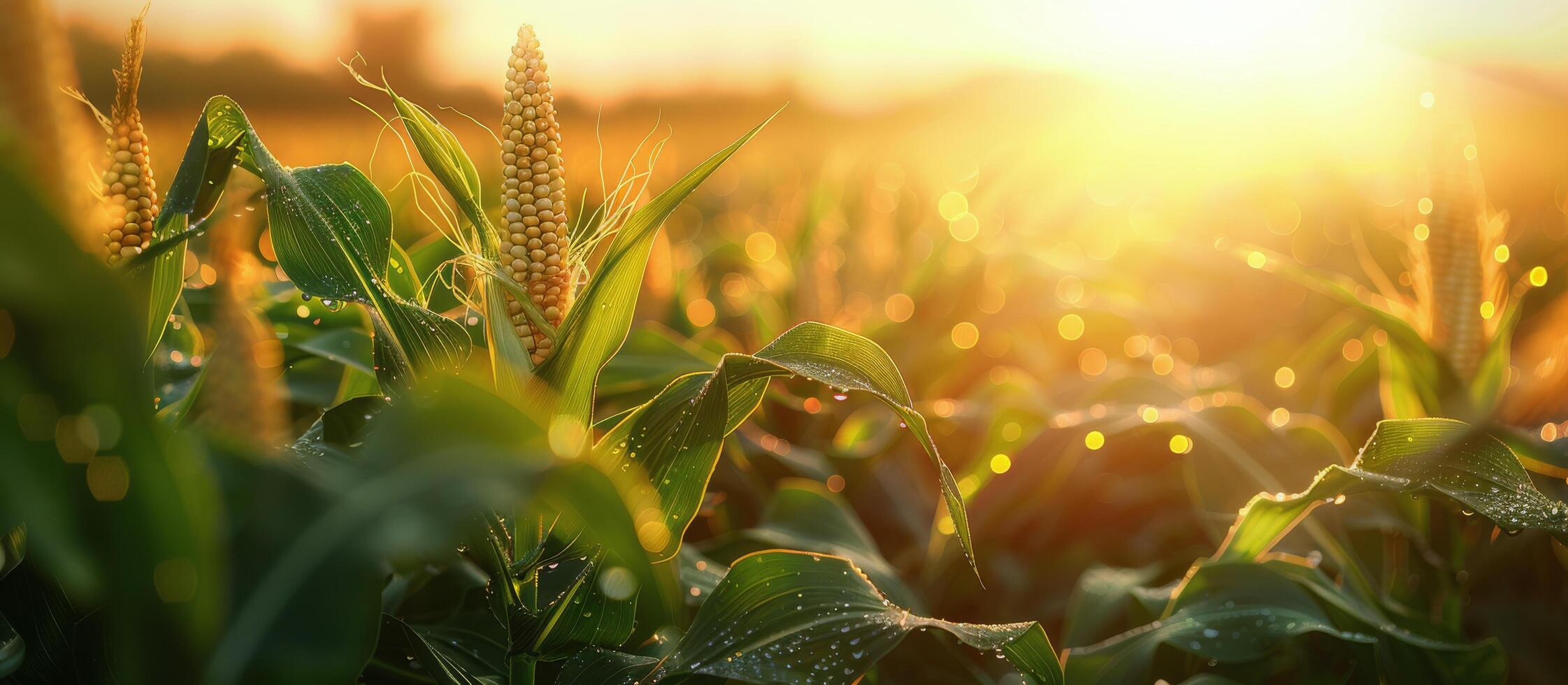 Cornfield Sunset With Dewy Leaves photo