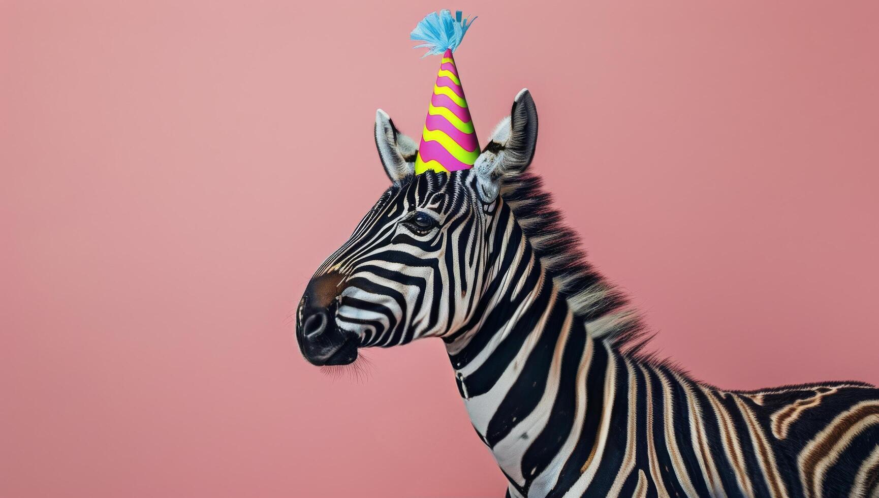 Zebra Wearing A Pink Party Hat In Front Of A Pink Background photo