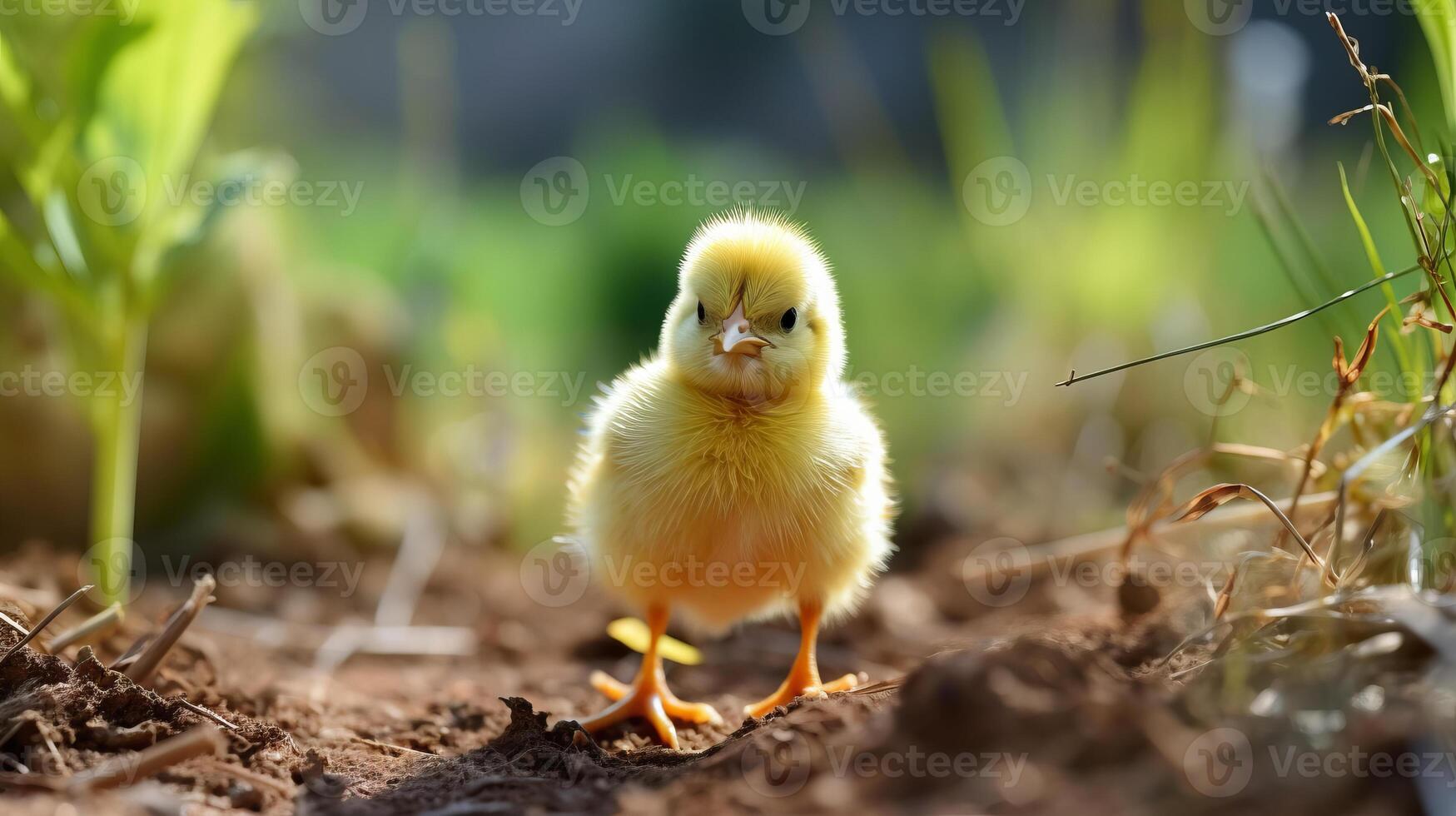 Little yellow chicken on a background of spring flowers. Selective focus. photo