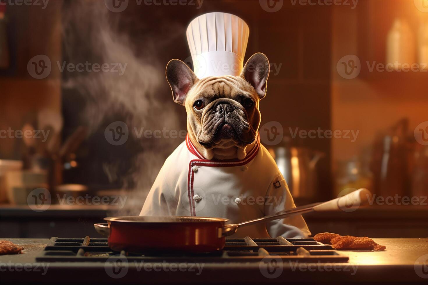 Funny image of a French Bulldog in a chef costume, showcasing culinary humor in the kitchen setting. Copy space Perfect for food-related projects and entertainment-themed designs, photo