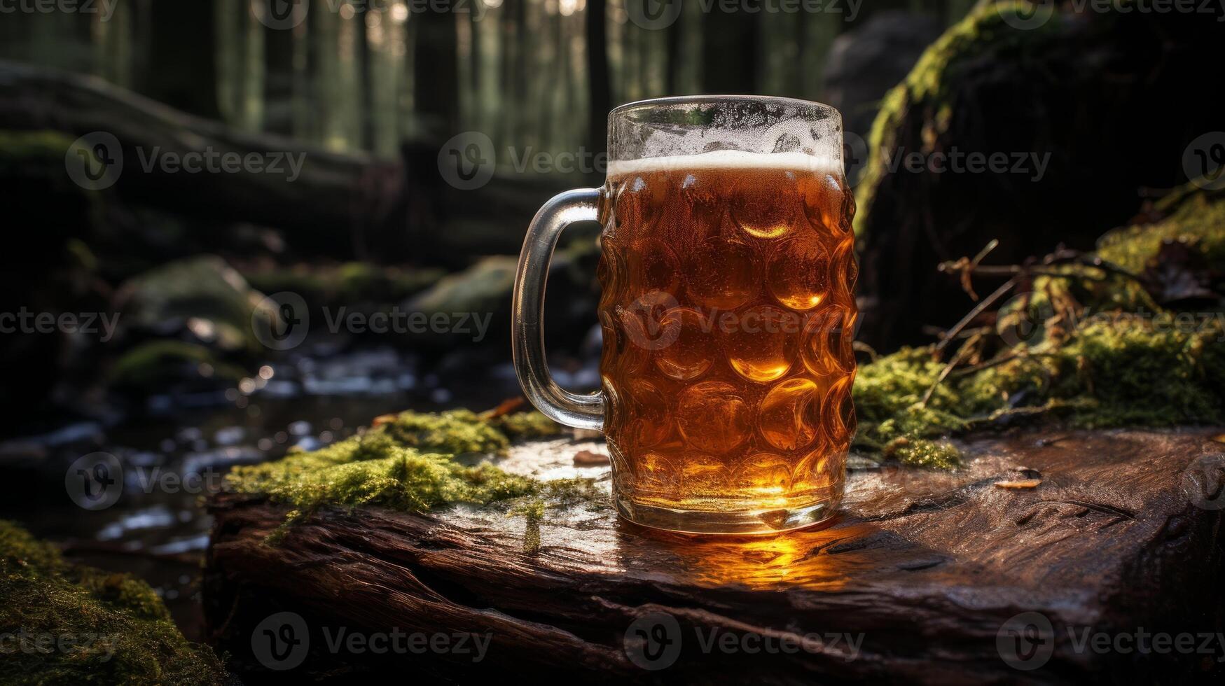 Mug of beer on a log with moss in the forest. photo